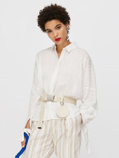 現貨MAX&Co.條紋收腰燈籠長袖襯衫1