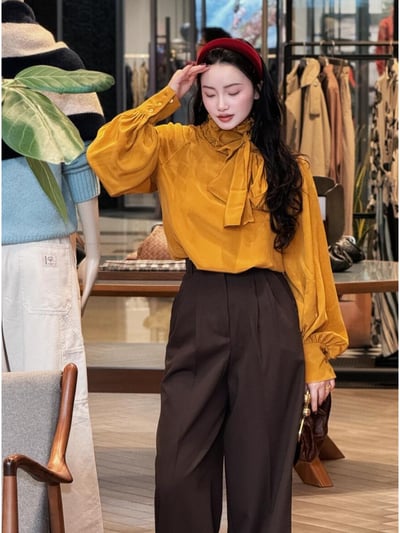 WEEKEND真絲木耳邊領泡泡袖襯衫2