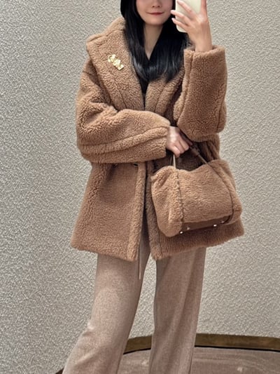 MaxMara經典款駝絨絲綢混紡短泰迪大衣2