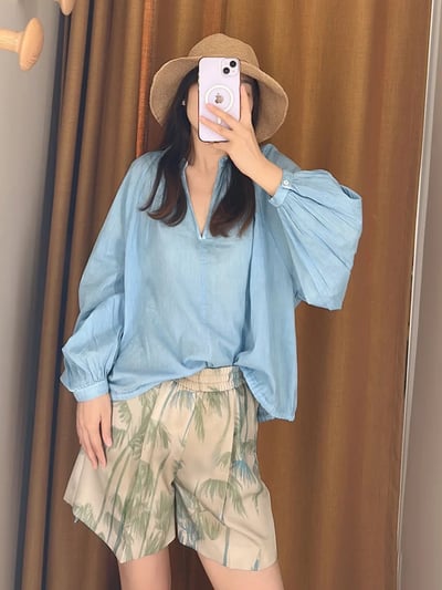 MAX&Co.巴里紗泡泡袖V領襯衫2