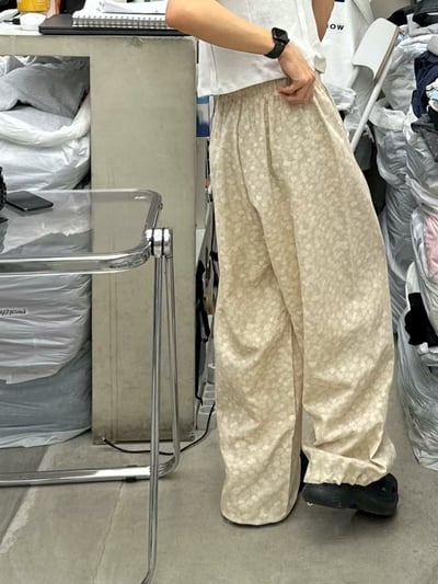 韓國碎花棉麻寬褲8