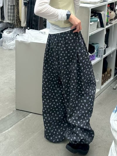 韓國碎花棉麻寬褲5