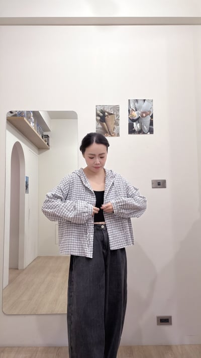 連帽格紋開釦襯4