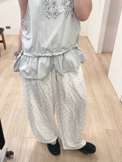 韓國碎花棉麻寬褲10
