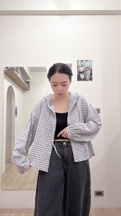 連帽格紋開釦襯5
