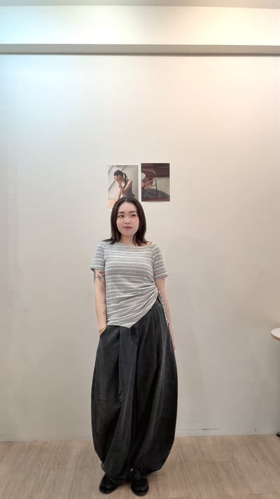 斜肩不規則桃條紋衫5