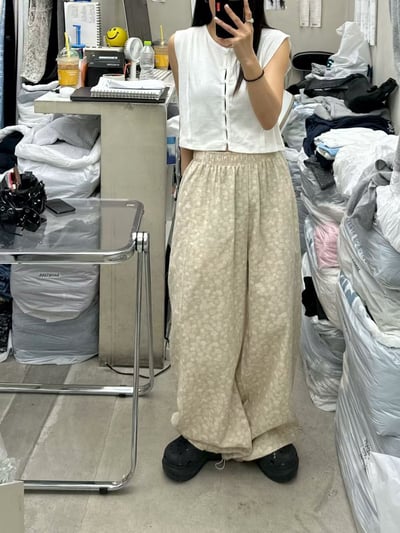 韓國碎花棉麻寬褲7