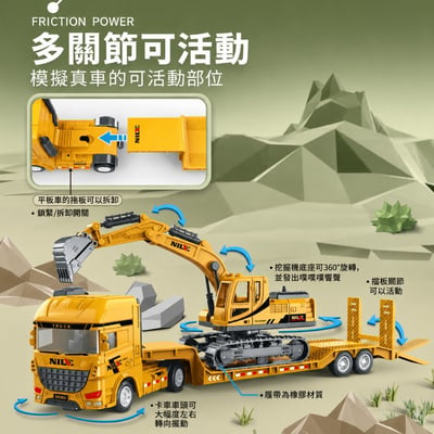 可拆卸車頭 慣性滑行 大型工程車玩具 挖土機挖掘機運輸車 70-55 軍事坦克運輸車(影片必看)4