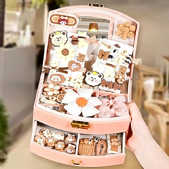 女孩飾禮盒化妝品盒134件-奶咖色【2層髮飾盒】送禮袋(影片必看)2