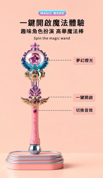 發光魔法棒83344 公主仙女棒 音樂魔法棒 旋轉魔法棒 女孩角色扮演玩具 大號 (影片必看 )5