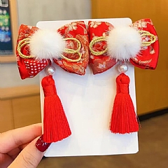 1兒童新年髮飾過年紅色蝴蝶結髮飾髮夾女孩漢服頭飾2