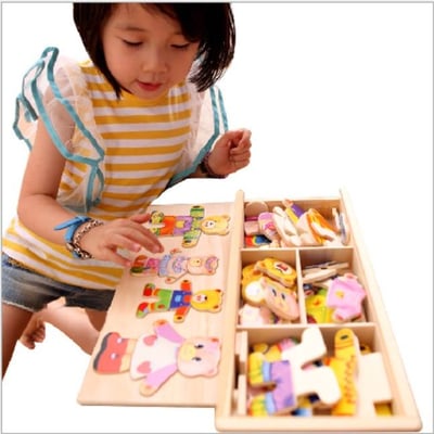 木製玩具 小熊換衣遊戲盒 穿衣遊戲 寶寶木製益智積木玩具更衣1