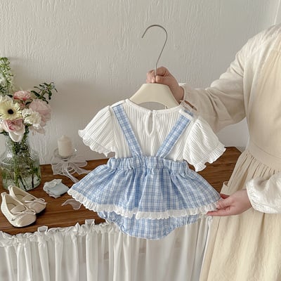 小清新格子吊帶兩件套包屁衣3