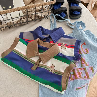 韓系刺繡小熊寬條紋有領上衣1