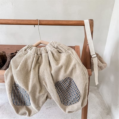 日系格子補丁條絨長褲13