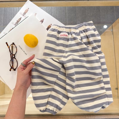 韓系粗條紋縮口休閒棉褲4