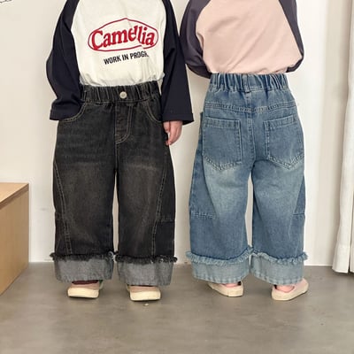 推 ♡ 韓系拼接抽鬚寬牛仔褲2