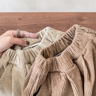 日系格子補丁條絨長褲3