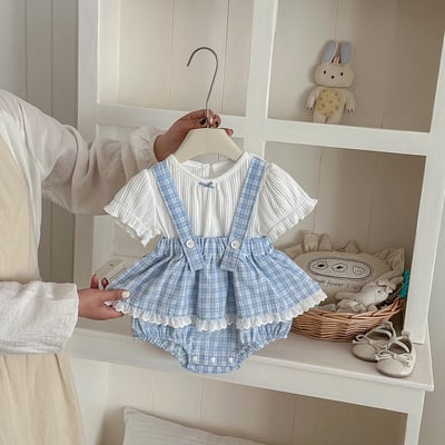 小清新格子吊帶兩件套包屁衣10