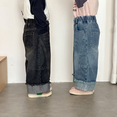 推 ♡ 韓系拼接抽鬚寬牛仔褲3