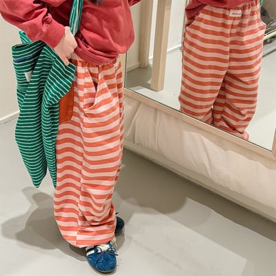 韓系粗條紋縮口休閒棉褲18