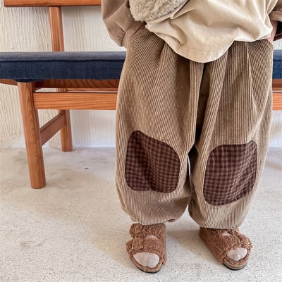 日系格子補丁條絨長褲6