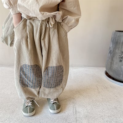 日系格子補丁條絨長褲14