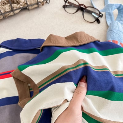 韓系刺繡小熊寬條紋有領上衣5