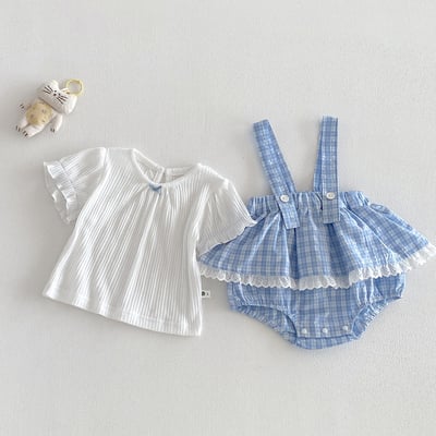 小清新格子吊帶兩件套包屁衣1