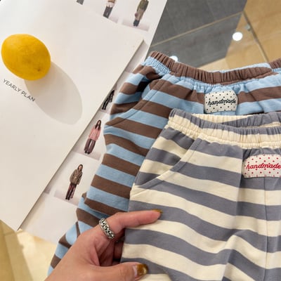 韓系粗條紋縮口休閒棉褲11