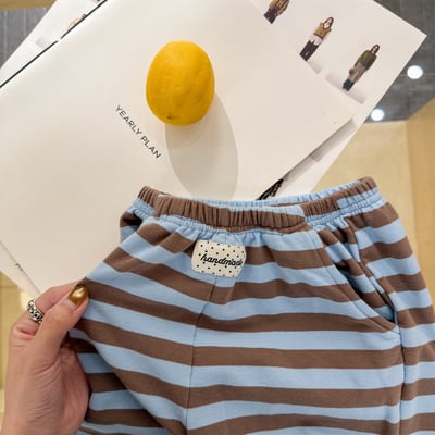 韓系粗條紋縮口休閒棉褲5