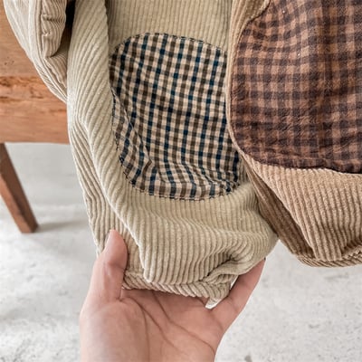 日系格子補丁條絨長褲2