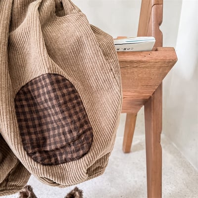 日系格子補丁條絨長褲12