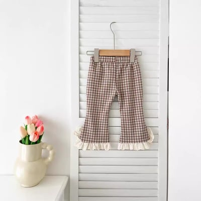 韓系格子蕾絲花邊喇叭褲3