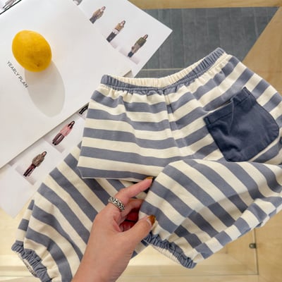 韓系粗條紋縮口休閒棉褲9