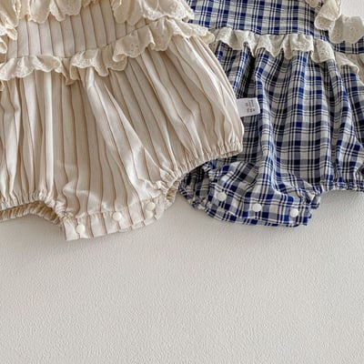 韓系雕花花邊格子包屁衣3