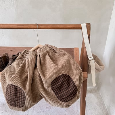 日系格子補丁條絨長褲19