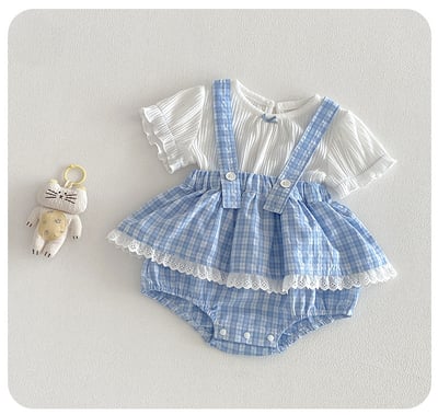 小清新格子吊帶兩件套包屁衣4