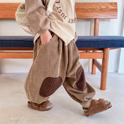 日系格子補丁條絨長褲22