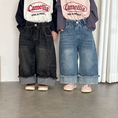 推 ♡ 韓系拼接抽鬚寬牛仔褲6