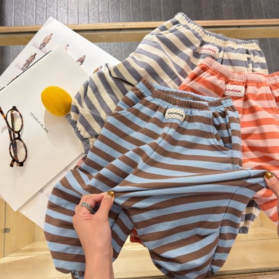 韓系粗條紋縮口休閒棉褲7
