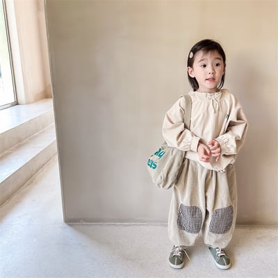 日系格子補丁條絨長褲18