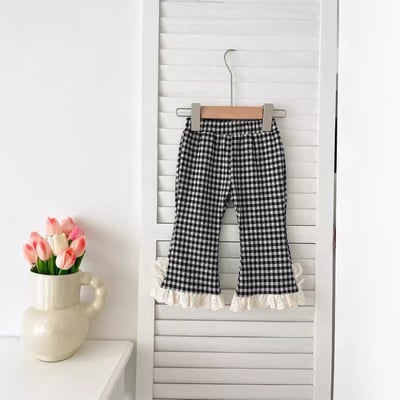 韓系格子蕾絲花邊喇叭褲2