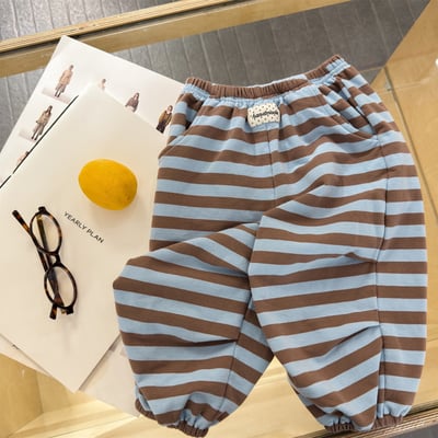 韓系粗條紋縮口休閒棉褲3
