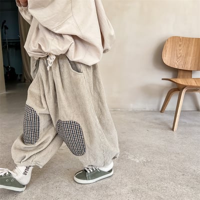 日系格子補丁條絨長褲17