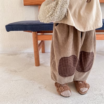 日系格子補丁條絨長褲20