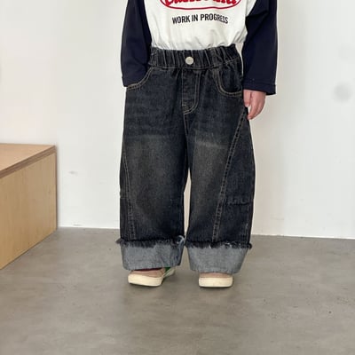 推 ♡ 韓系拼接抽鬚寬牛仔褲5