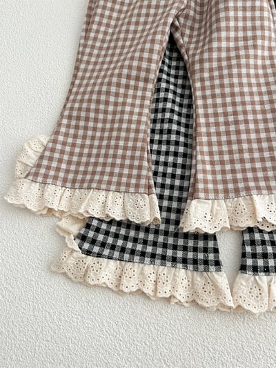 韓系格子蕾絲花邊喇叭褲6