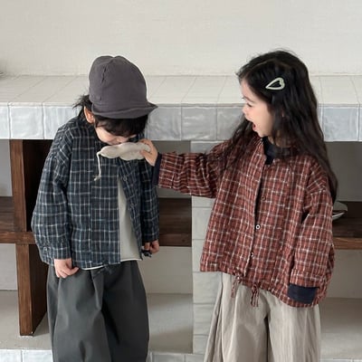 日系格子抽繩襯衫外套1