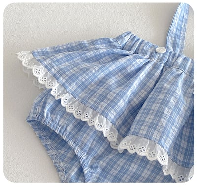 小清新格子吊帶兩件套包屁衣7